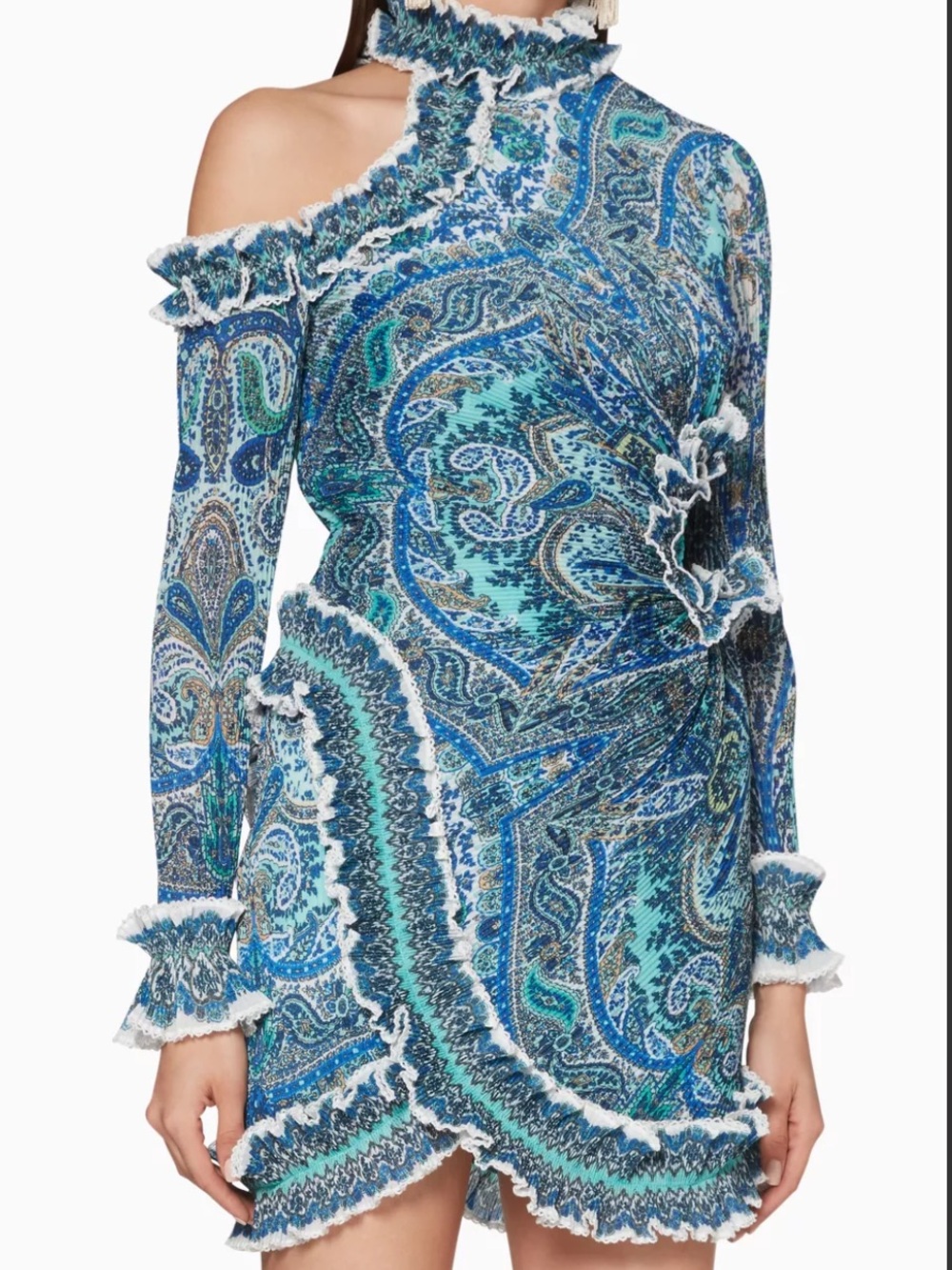 Zimmerman Blue Paisley Cold-Shoulder Ruffle Mini Dress - Picture 13 of 17